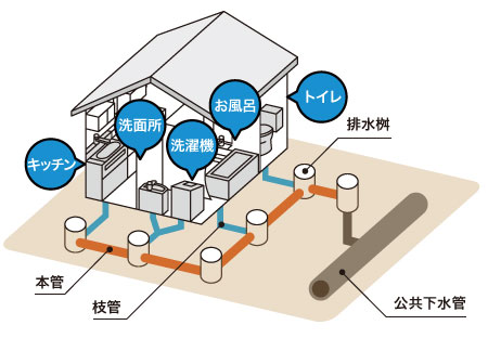一戸建ての排水設備、排水管のイメージ図